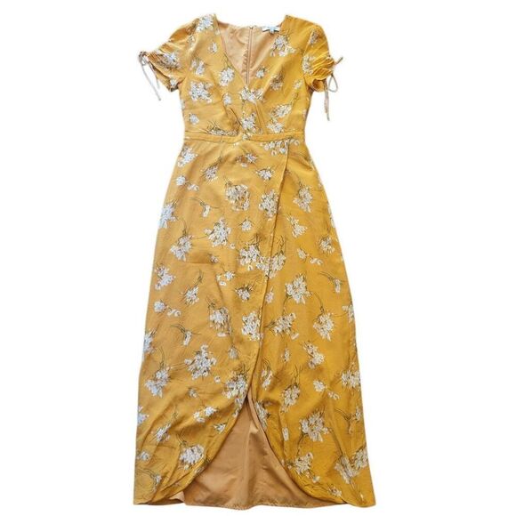 Madewell Dress Women's 2 Golden Yellow Silk Wrap Maxi Butterfly Garden Floral - Picture 3 of 6